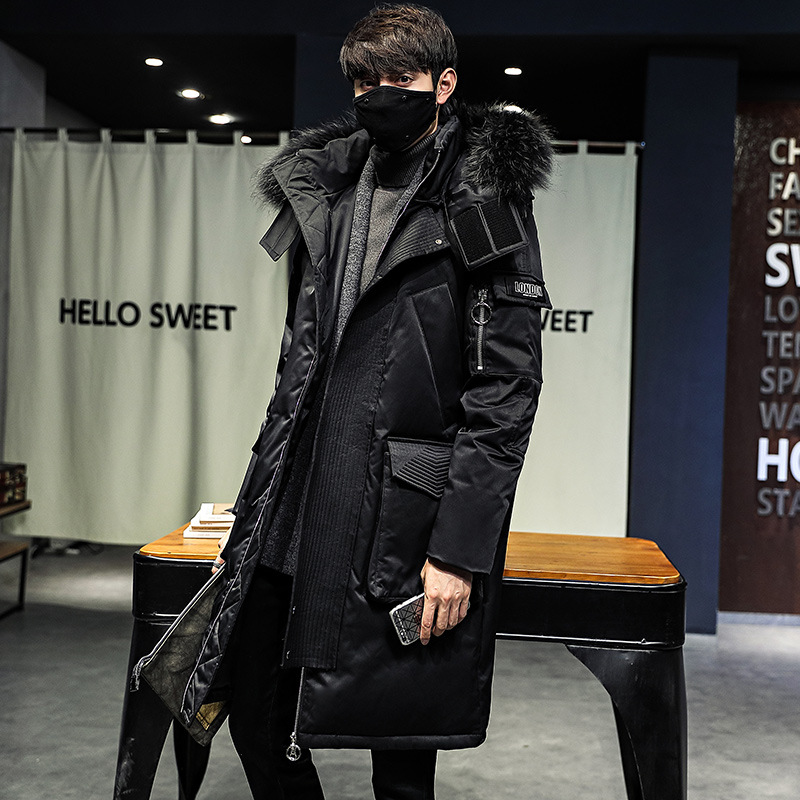 Japanese Long Black Down Jacket Coat Men Fur Parka Winter Long Trench Coat For Men 