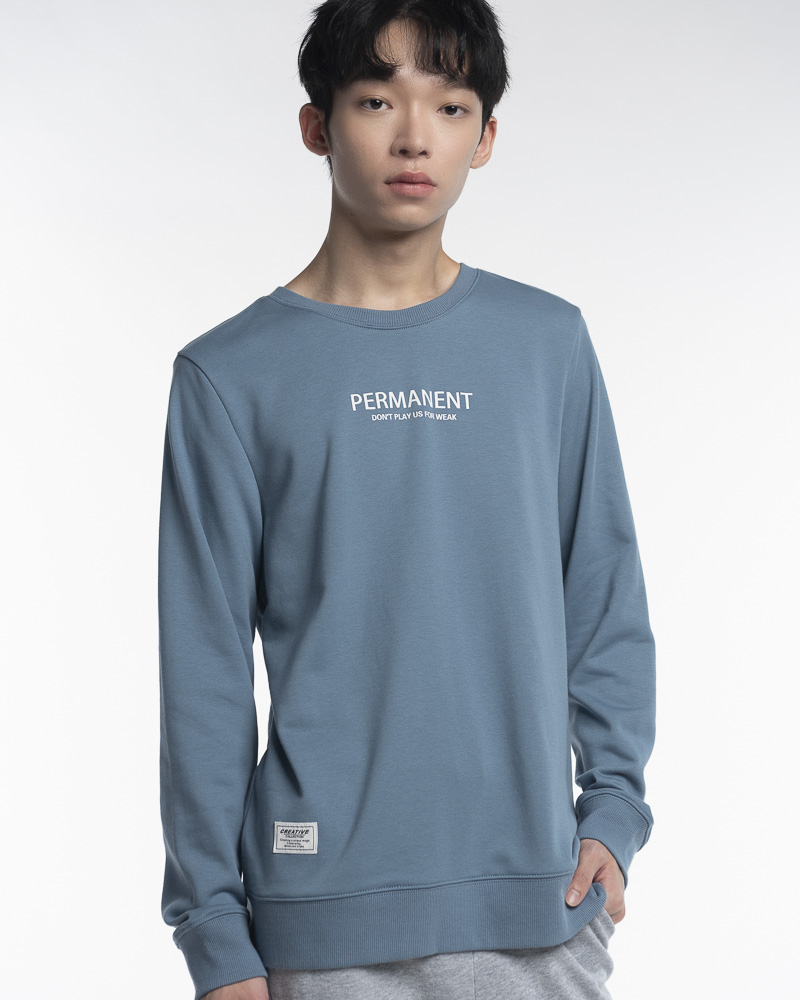 Yishion Men Solid Coloured Long Sleeve Sweatshirt with Permanent Slogan (Stone Blue)