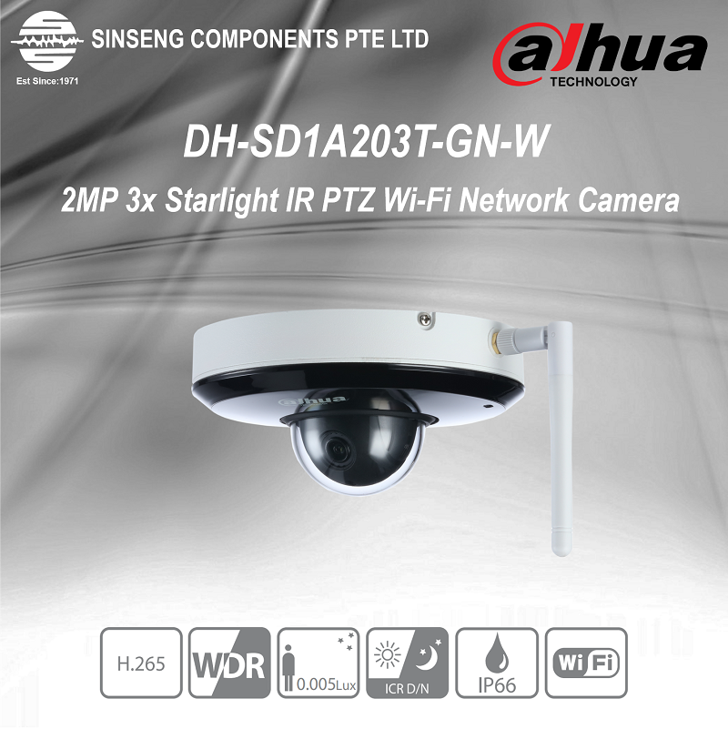 Dahua WIFI 2MP 3x Optical Zoom CCTV Starlight IR PTZ Network IP Camera with SD Slot [Order Model:DH-SD1A203T-GN-W]